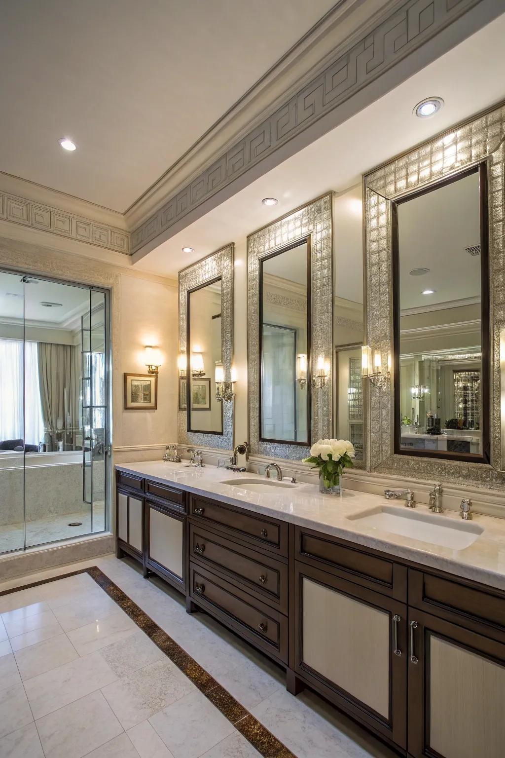 Mirrors enhance light and space, adding elegance to this master bathroom.