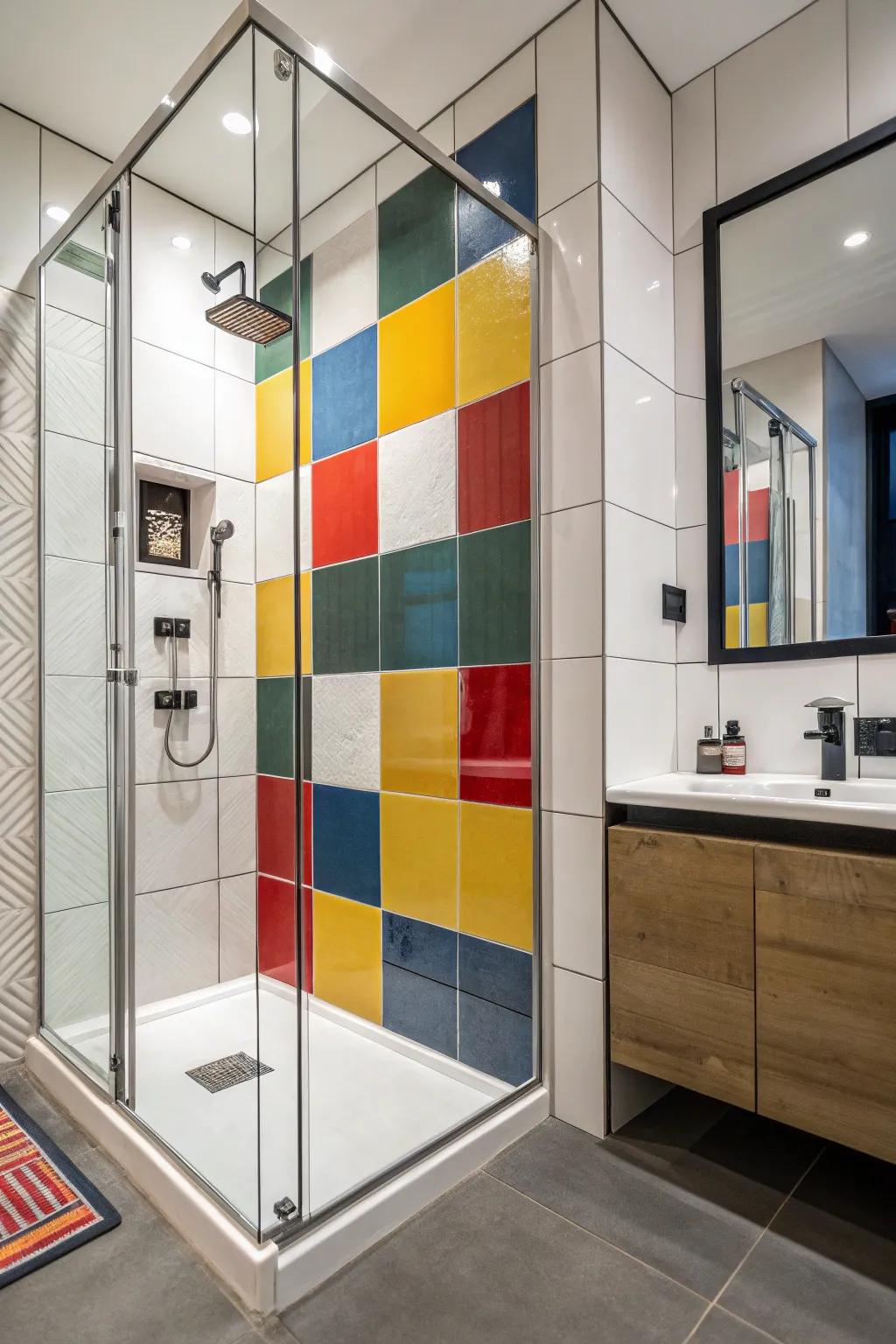 A shower styled with daring shade-zoned pavers, sparking a dramatic, modern declaration.