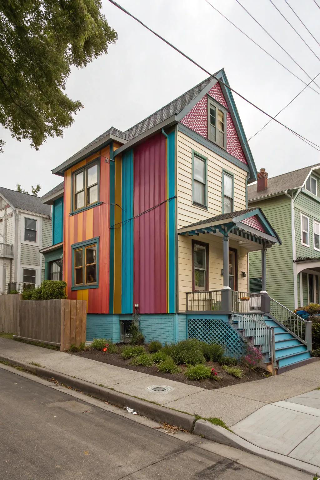 An artistic neighborhood home featuring bright highlight panels of metal cladding for a bold look.