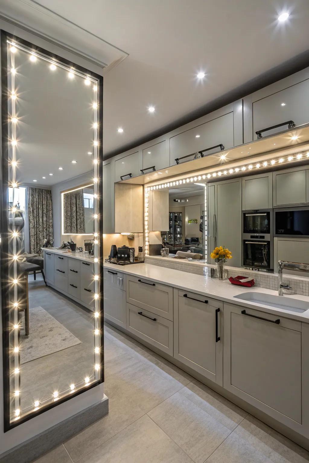Mirrors fitted with integrated lighting, introducing both elegance and practicality to the kitchen.