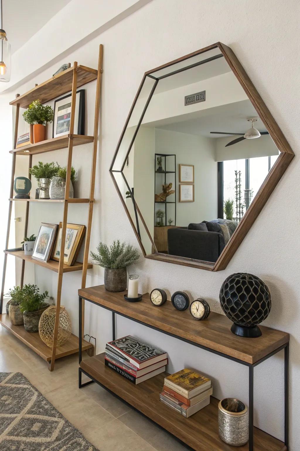 A geometric reflector that comes with an off-center shelf that fosters a modern twist.