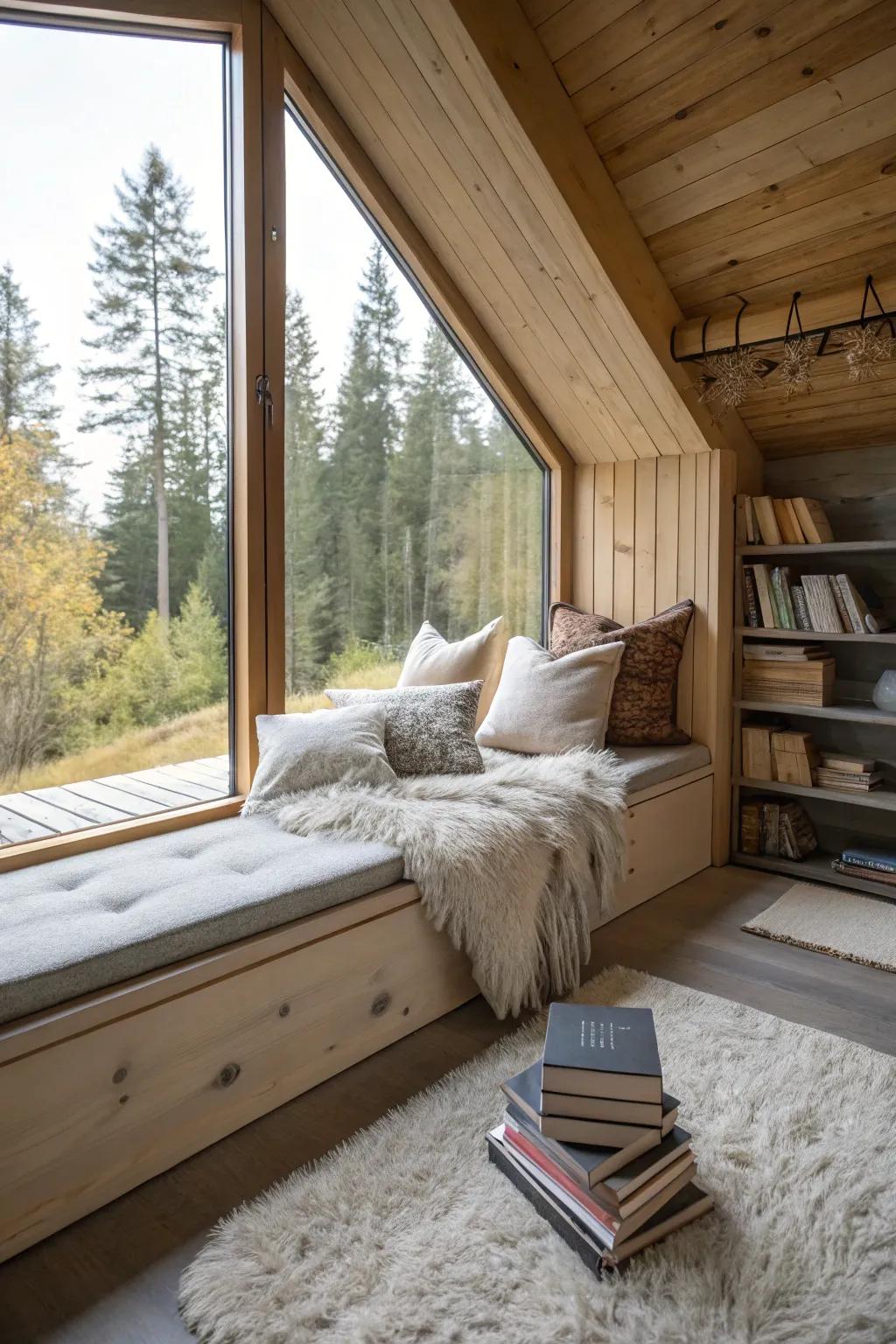 A snug reading nook is a perfect retreat in a modern cabin.