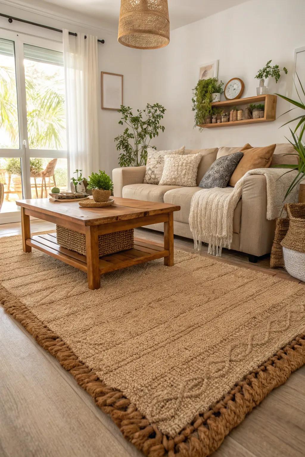 A sitting room showcases an eco-friendly carpet crafted from sustainable materials.
