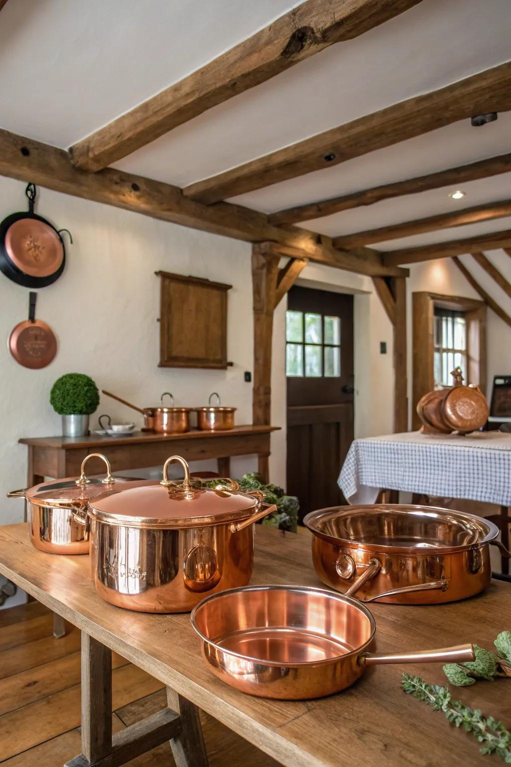 Bronze kitchenware adds warmth and functionality to the design.