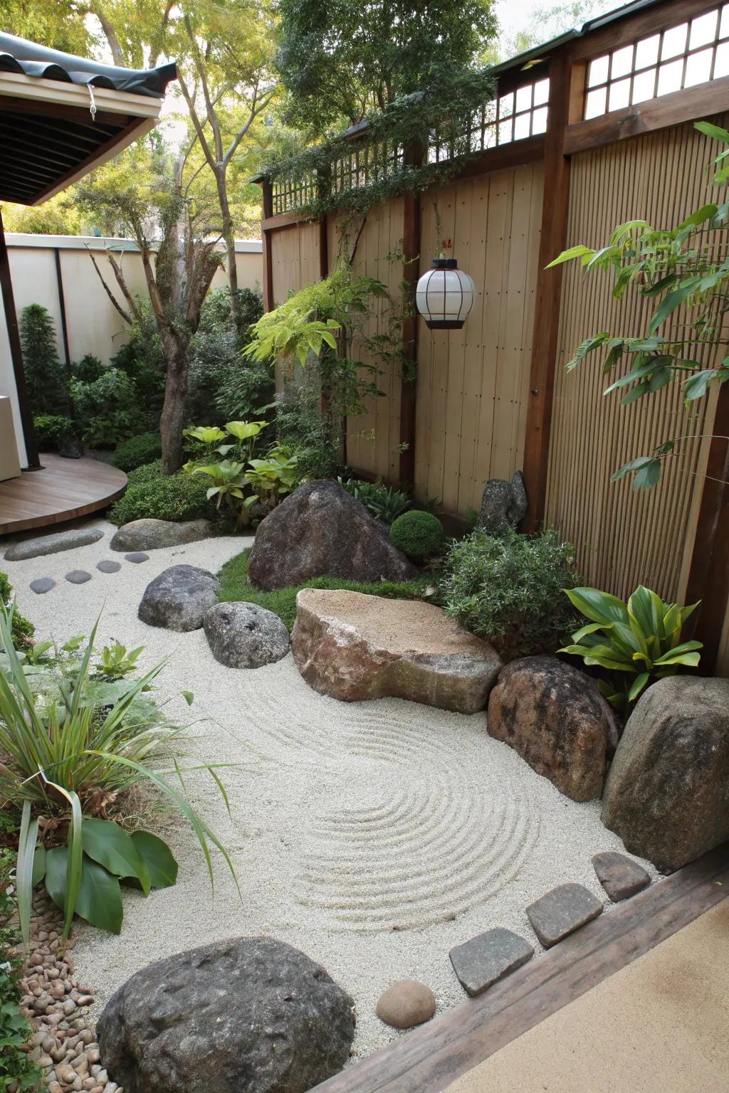 A zen nook offers a peaceful retreat for meditation in the garden.