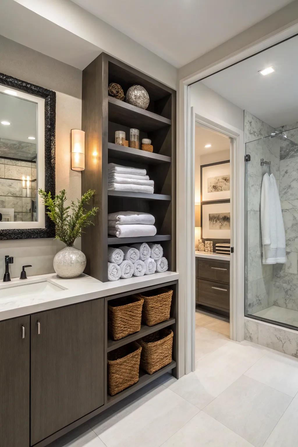 Open shelving merges style with practical storage solutions.