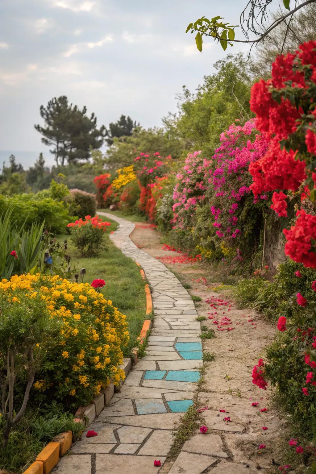 A garden path that stands out with bold colors, adding energy to the space.