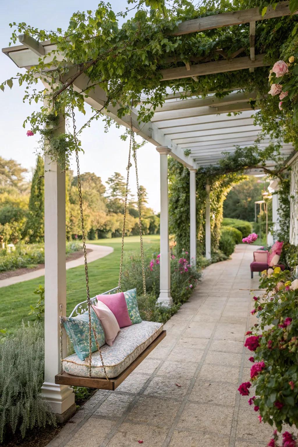 Swing seats add a playful touch to your pergola.