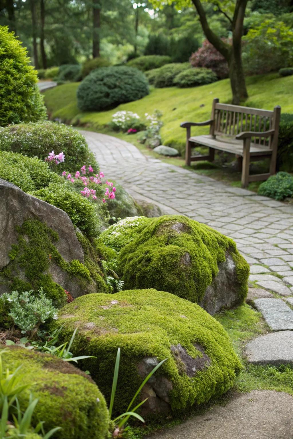 Minerals and moss craft a harmonious and serene garden scene.