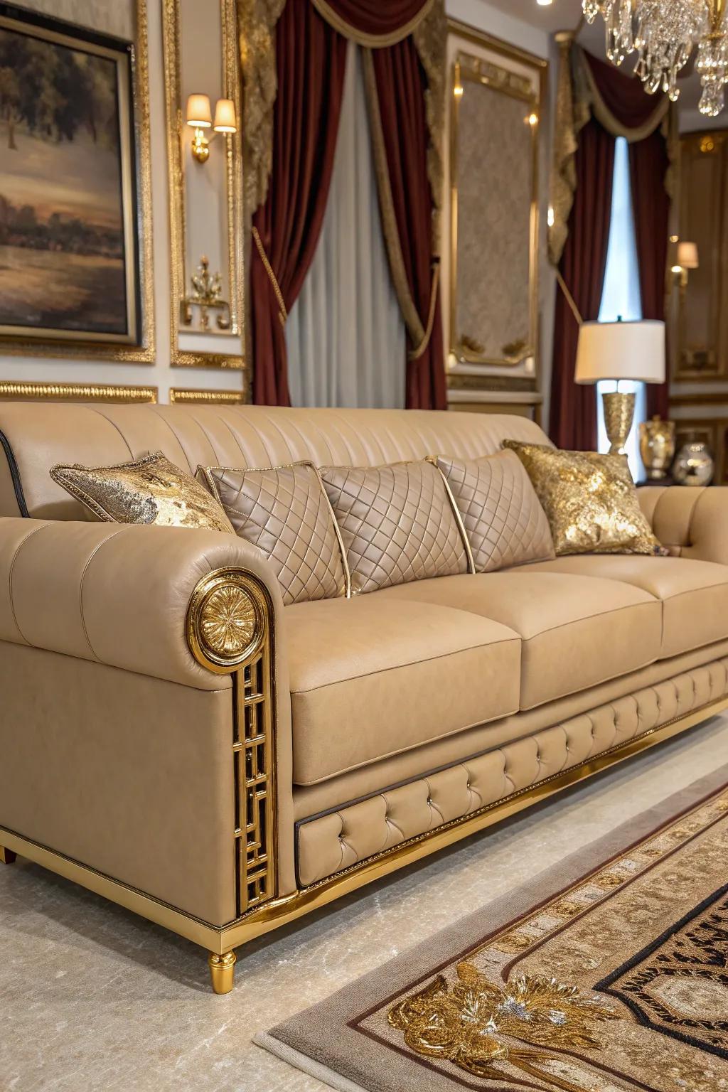 Metallic elements bring glamour to a family room featuring a tawny hide couch.