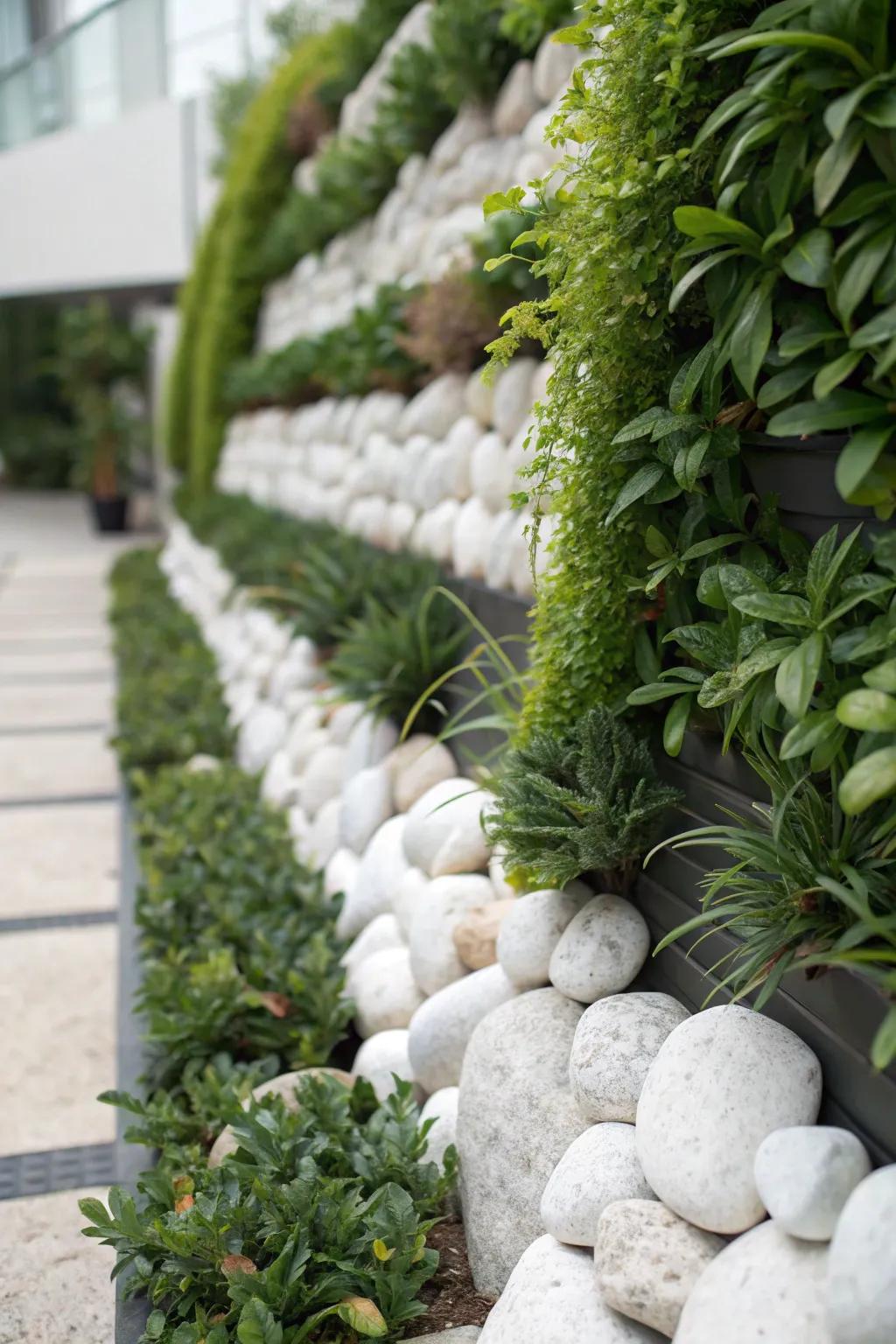 A unique vertical garden featuring white stones, adding dimension and offering a fresh perspective.