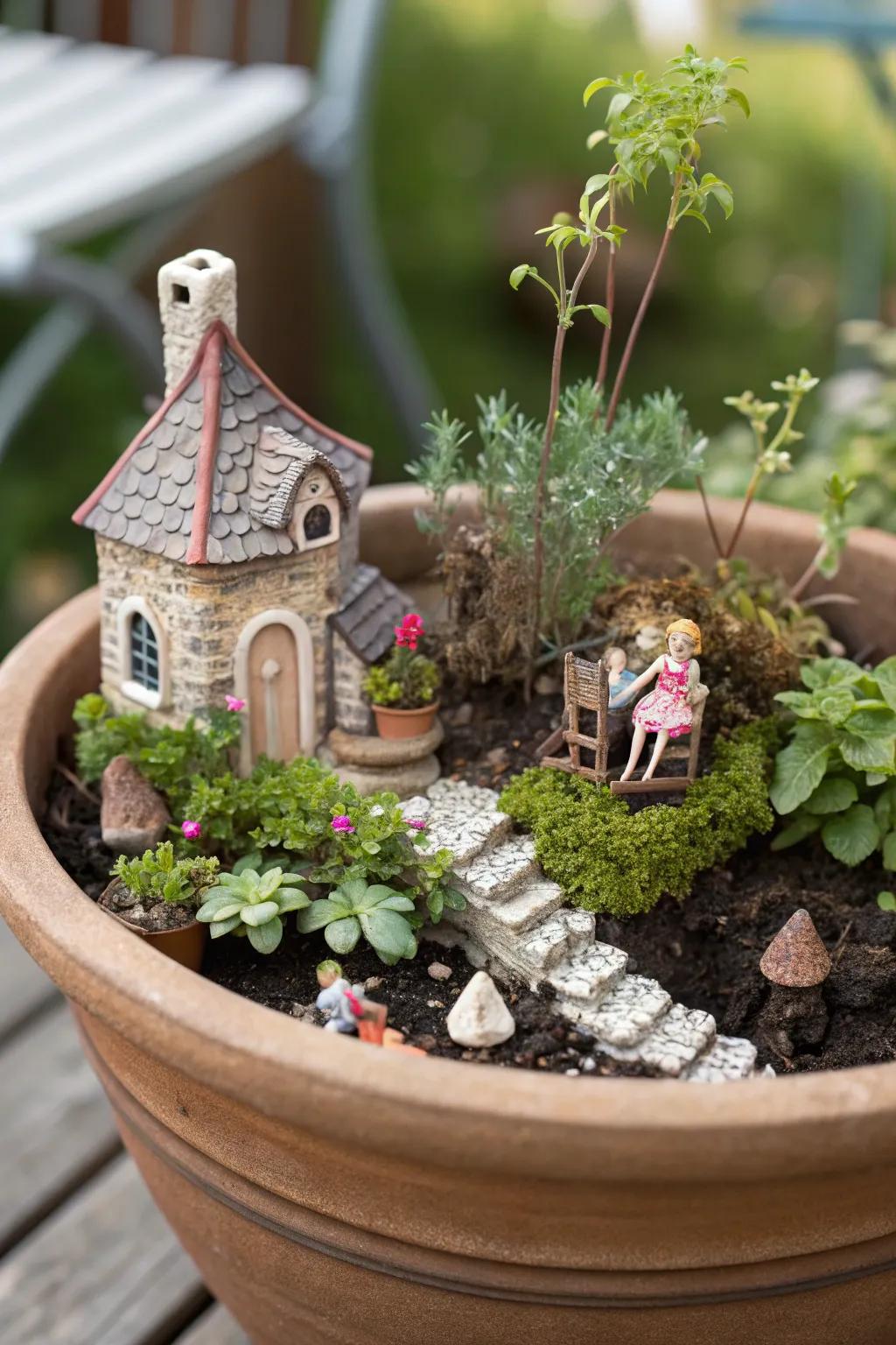 A whimsical elven garden nestled in a flower pot.