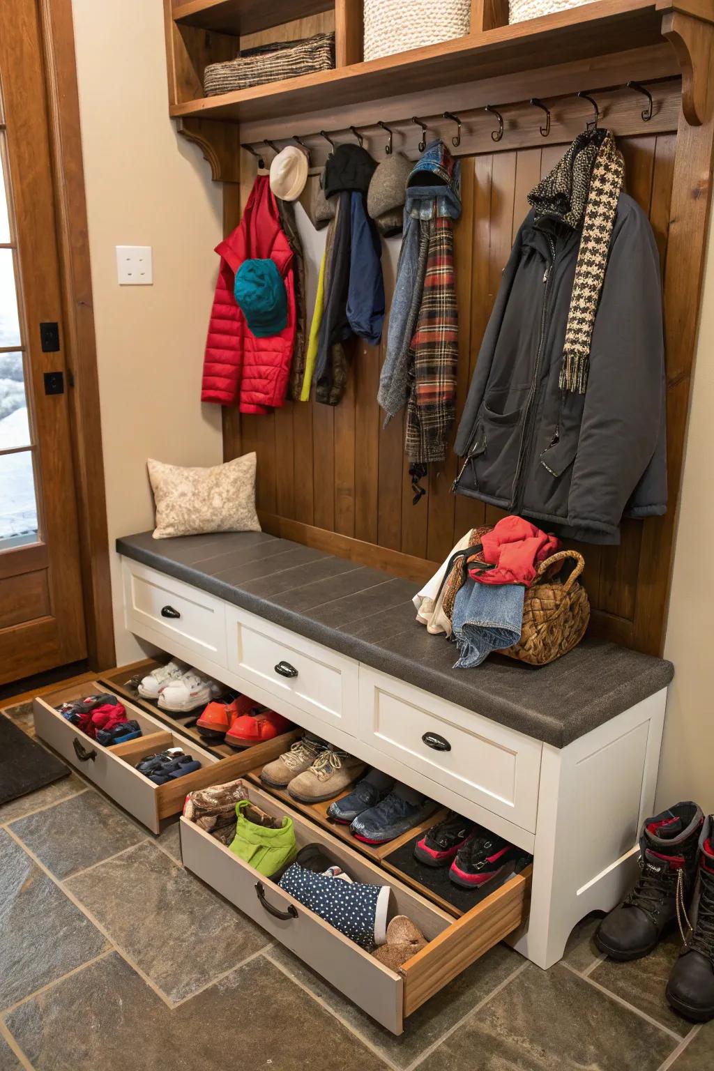 Mudroom seating arrangement featuring drawers underneath seating for additional storage.