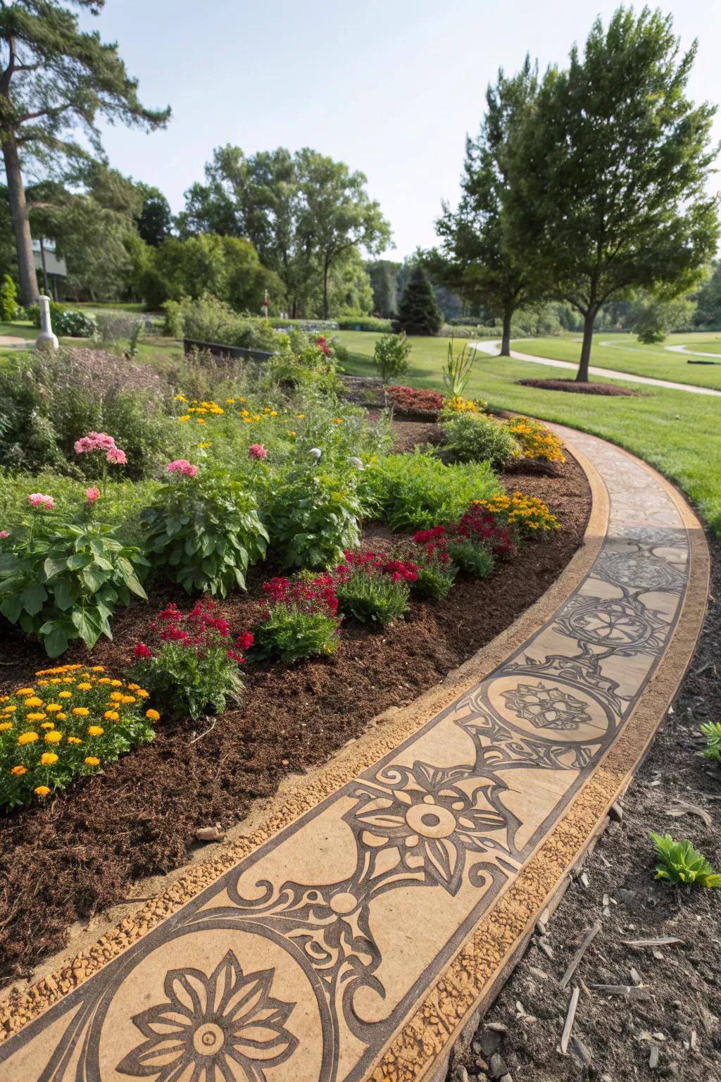 Artistic mulch designs fashion unique garden layouts.
