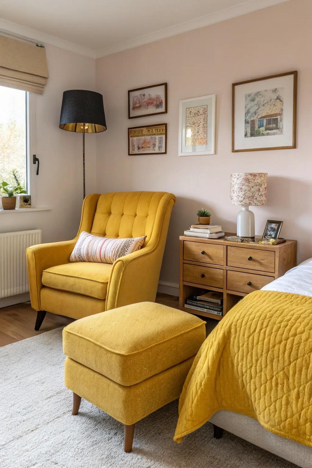 A bedroom using furniture designed in yellow material.