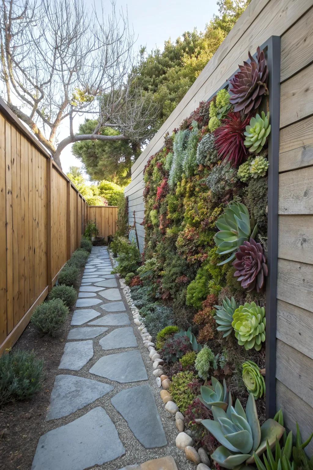 A succulent wall offers a stunning and low-maintenance feature in a slim garden.