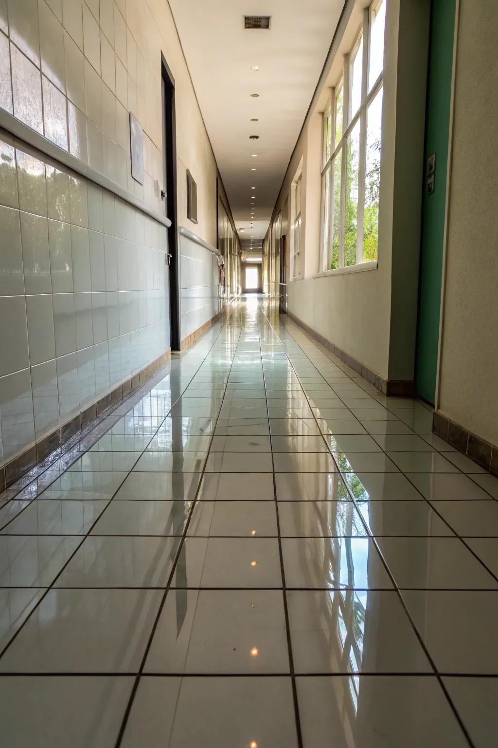 Crystal tiles add brightness and a sleek finish to narrow hallways.