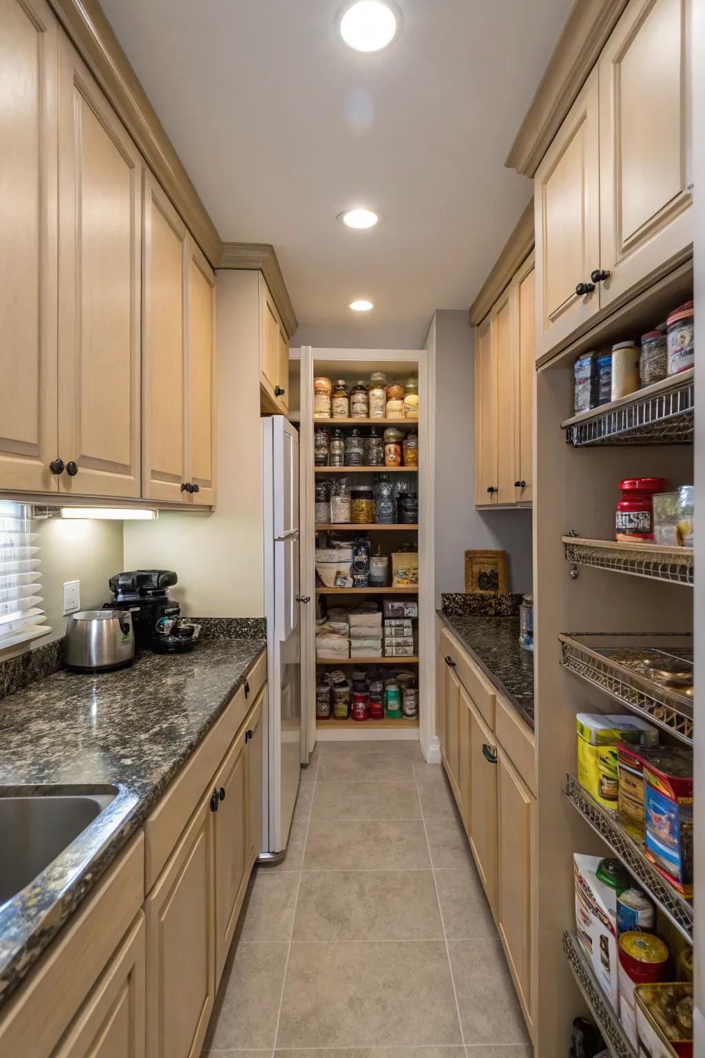 Above-cabinet storage in a slim kitchen expanding storage capacity.