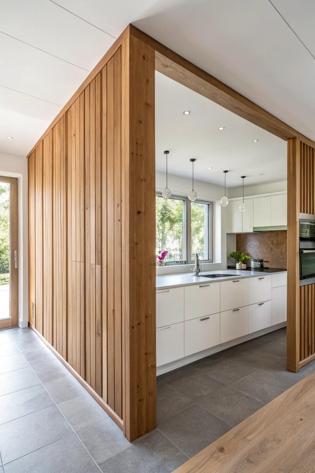 Floating timber panels infuse flow and dimension into the kitchen.