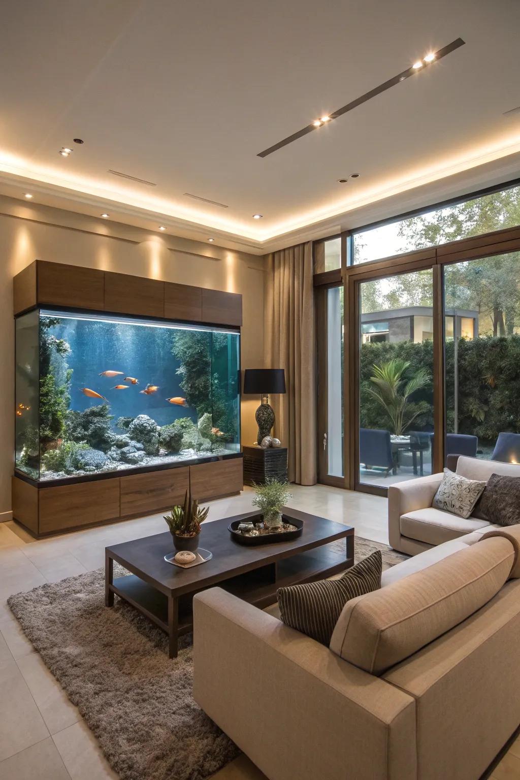 An aquatic habitat brings a lively and serene feel to the space.