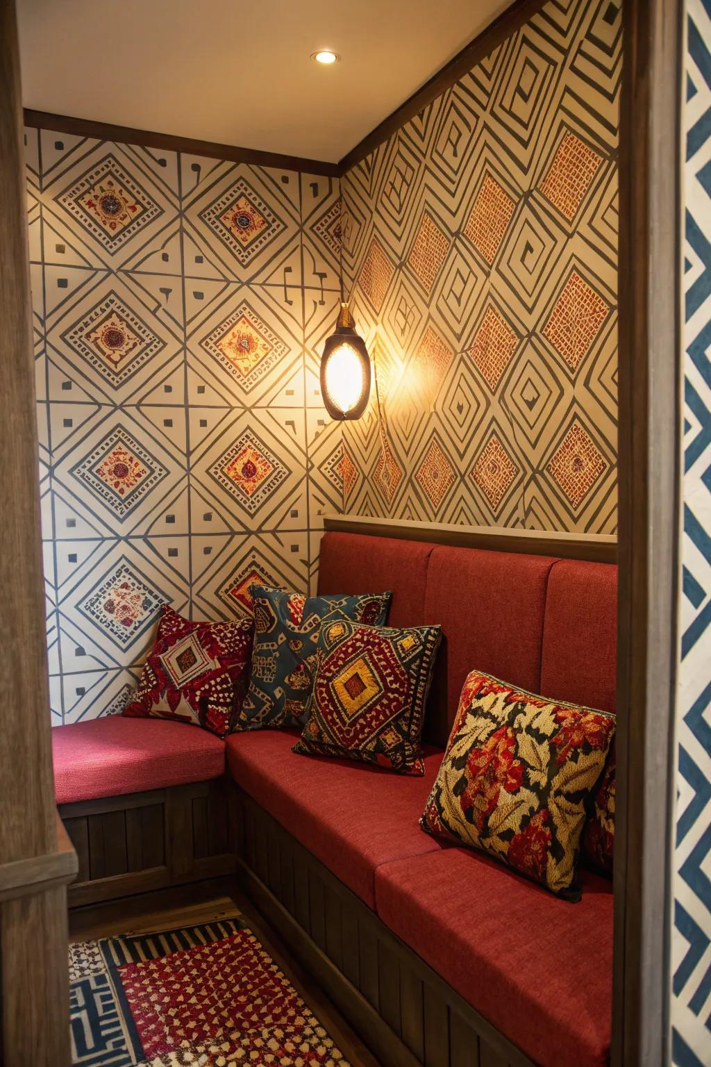 A vibrant nook featuring bold patterns that energize the space.