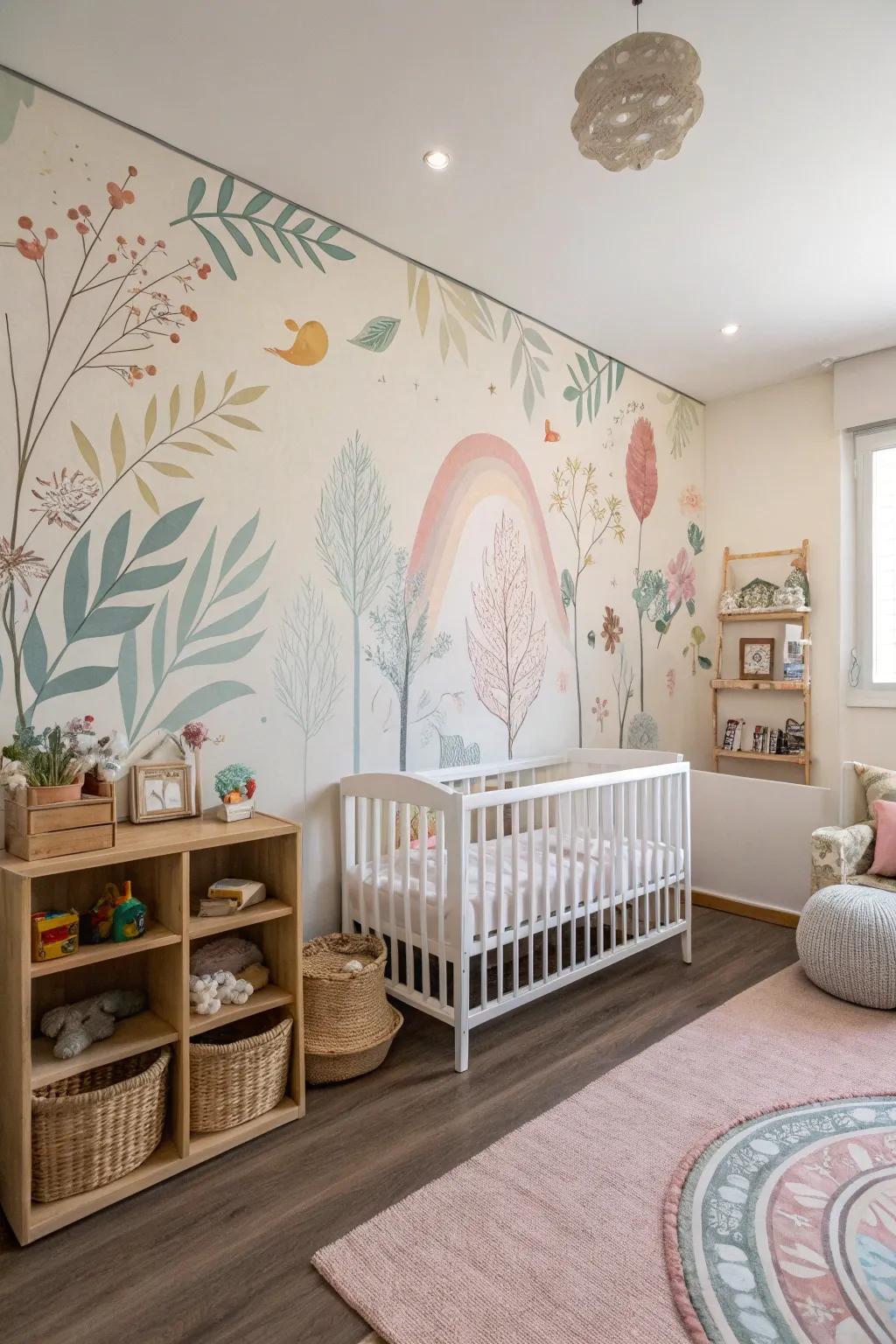 A magical nursery featuring a creative wall painting feature.