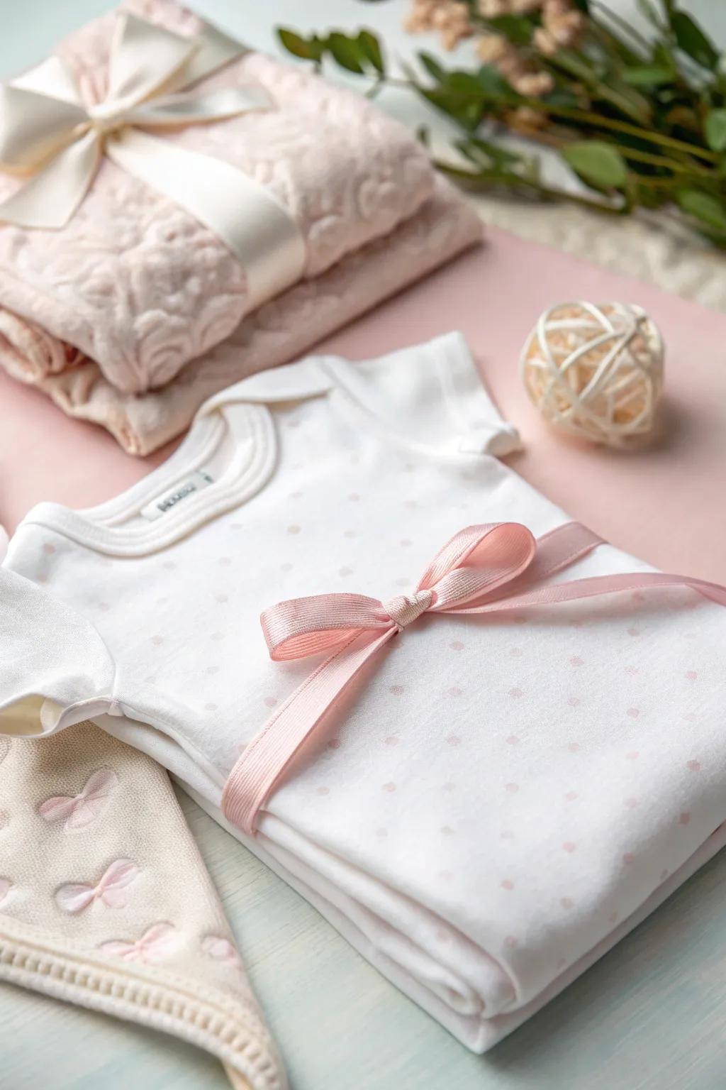 A sweet onesie featuring a charming lace loop.