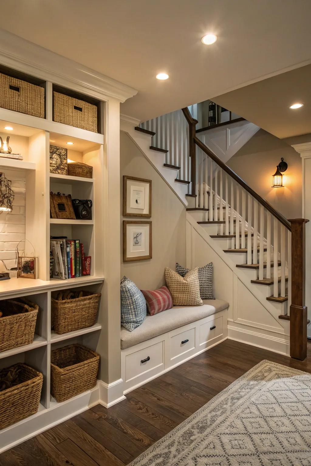 Under-stair spaces inside an entrance offer hidden potential for storage and creativity.