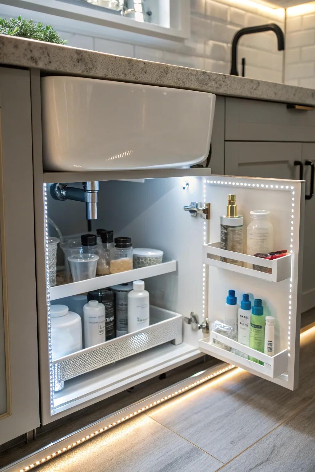 LED lighting brightens up your under-sink storage area.