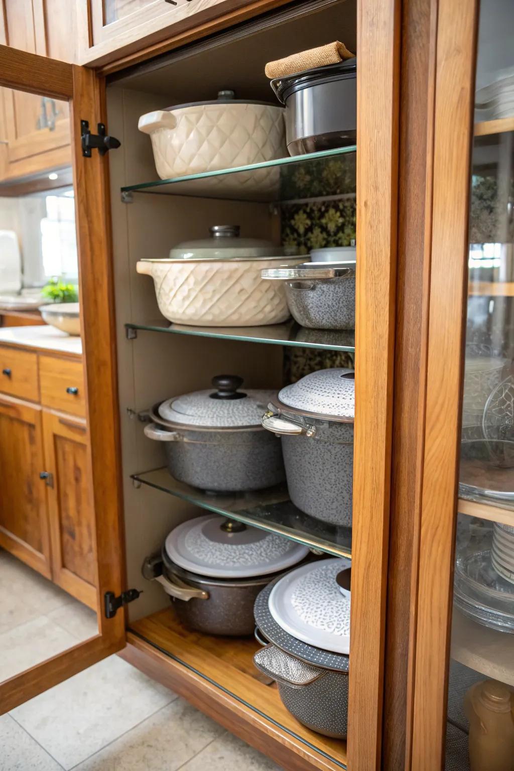 Strategically stacked pots with protective layers to prevent damage.
