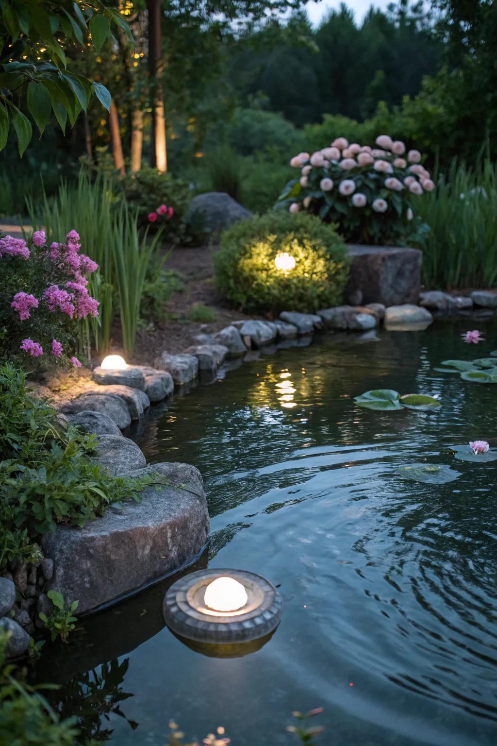 With serene lighting, you may enhance your water features.