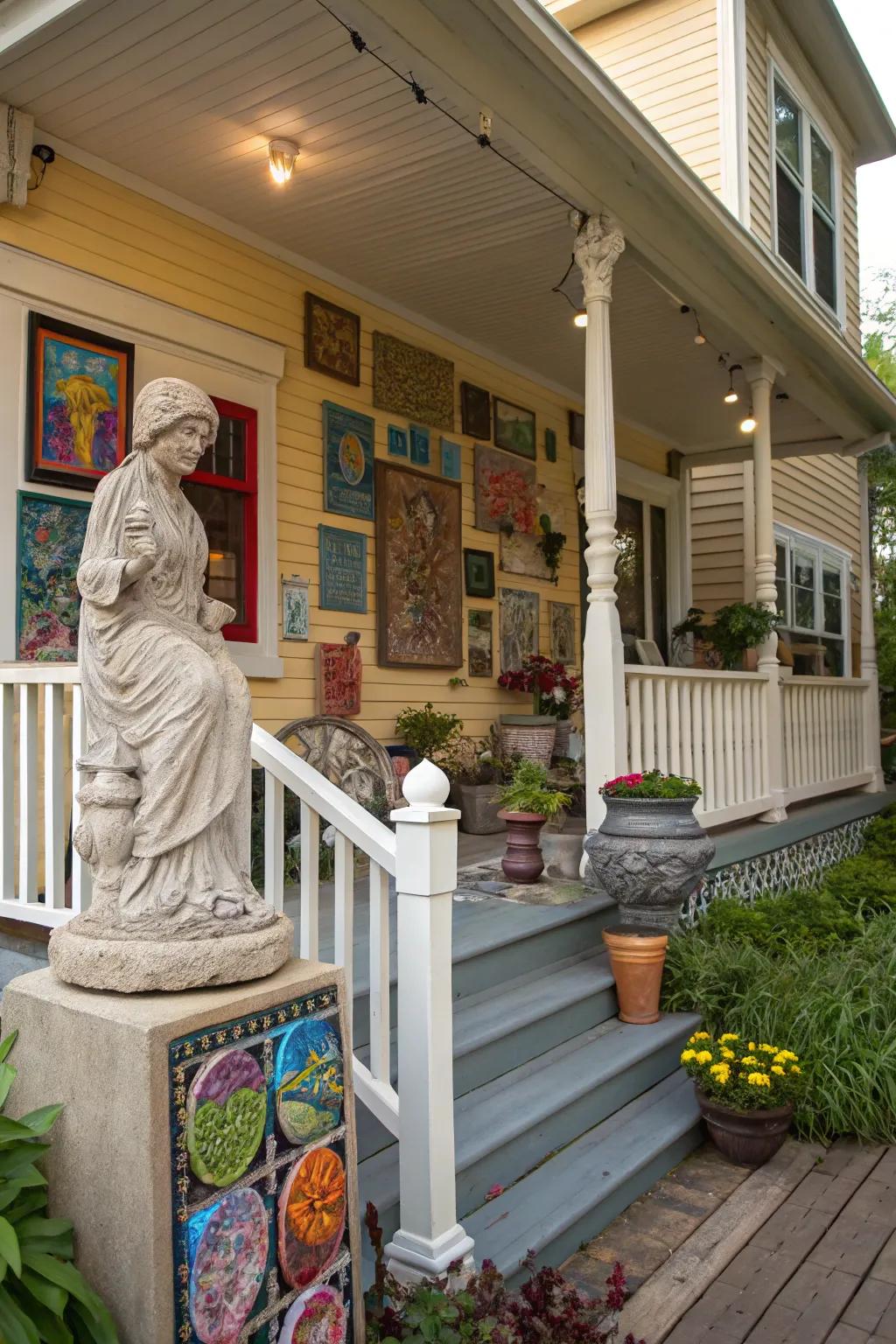 Artistic elements add a personal touch to this creative porch.