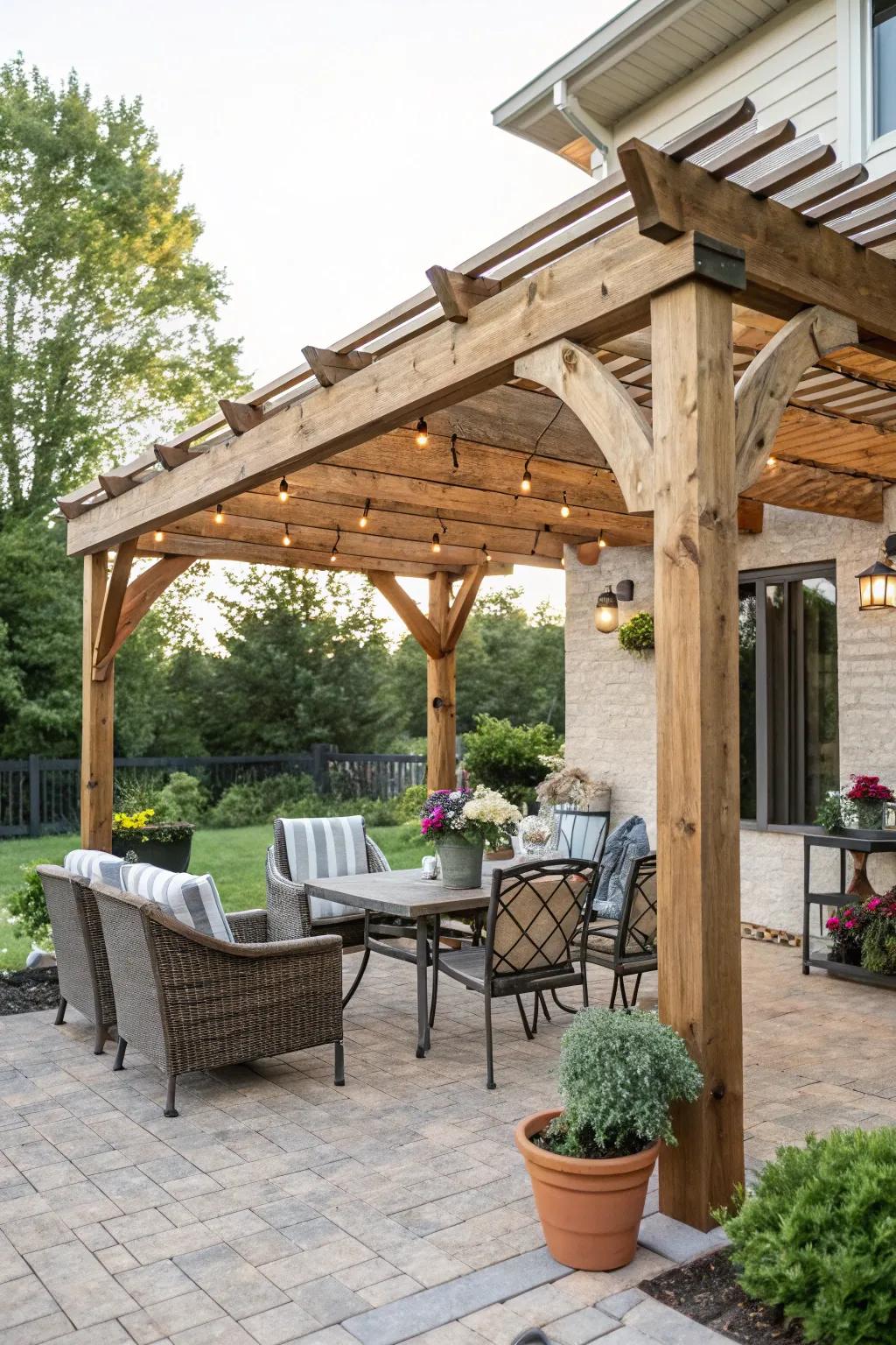 A DIY wooden pergola providing shade over a patio seating area.