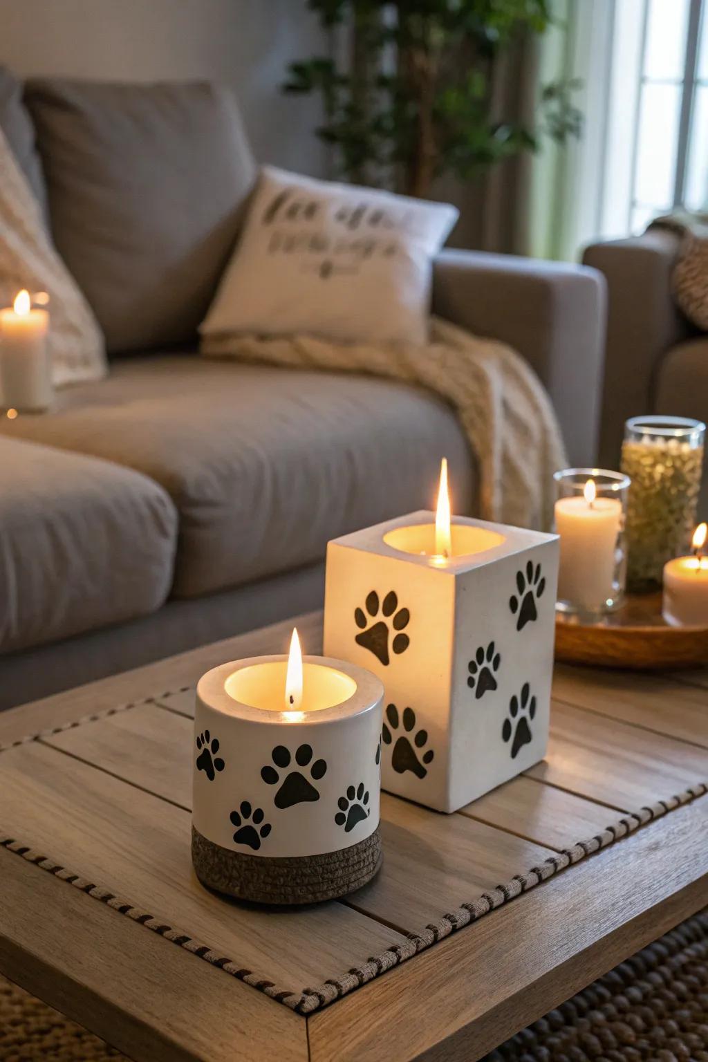 Ornamental paw print candle stands casting a warm glow.