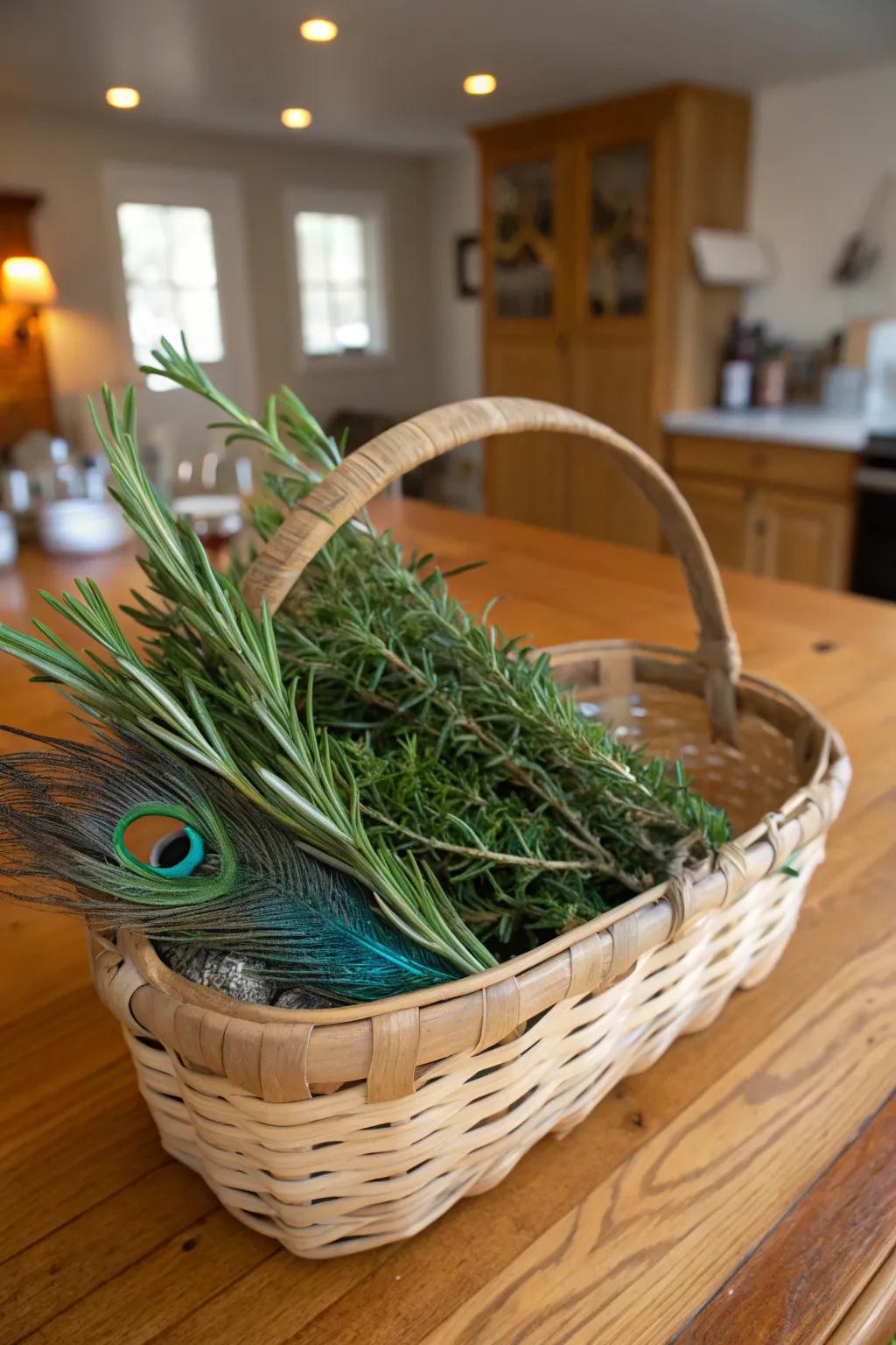 A sensory centerpiece highlighting botanicals and avian plumage.