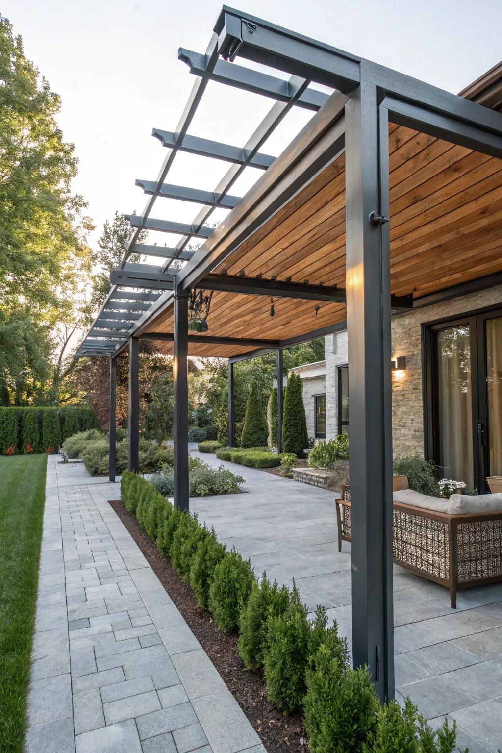 A mixed-material arbor combines rustic charm with modern style.