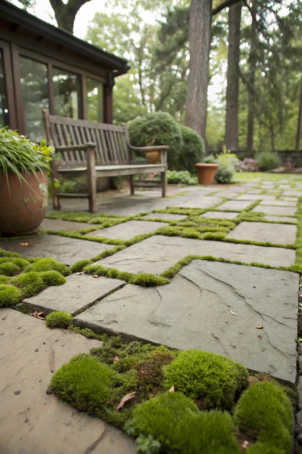 Moss adds a magical touch to permeable patios.