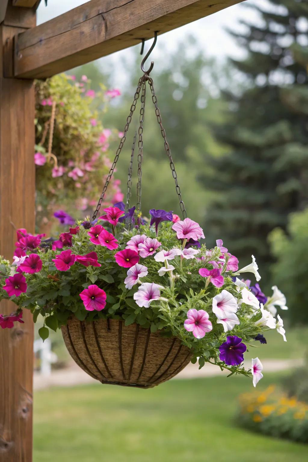The boldness of petunias is balanced by the petite blooms of fan flower.