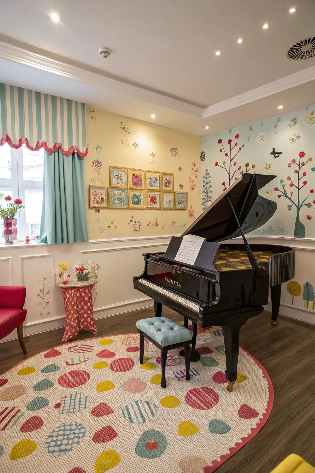 Whimsical aspects add character and joy to the piano space.