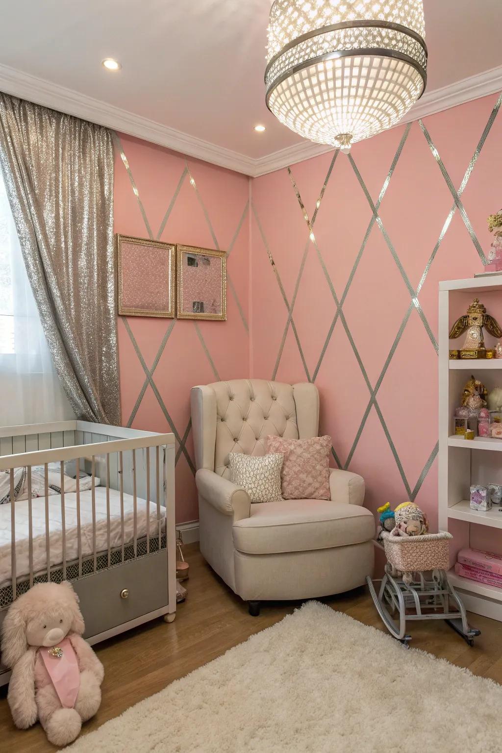 A glamorous nursery with rose walls and metallic shimmers.