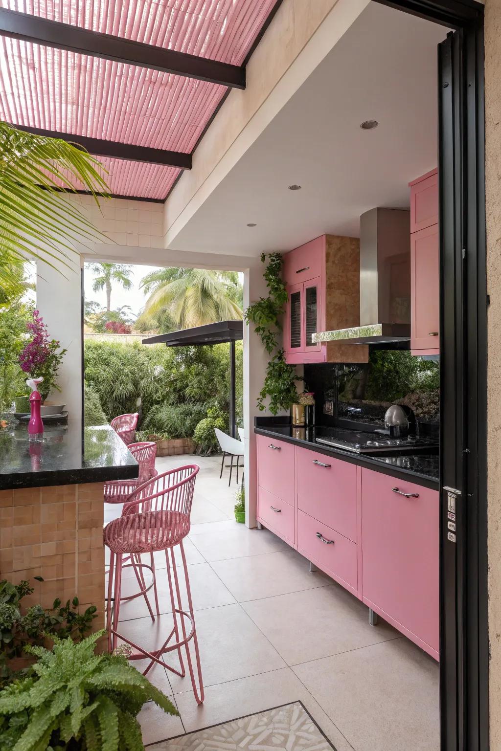 A cohesive color design flows from the kitchen to the outdoor area.