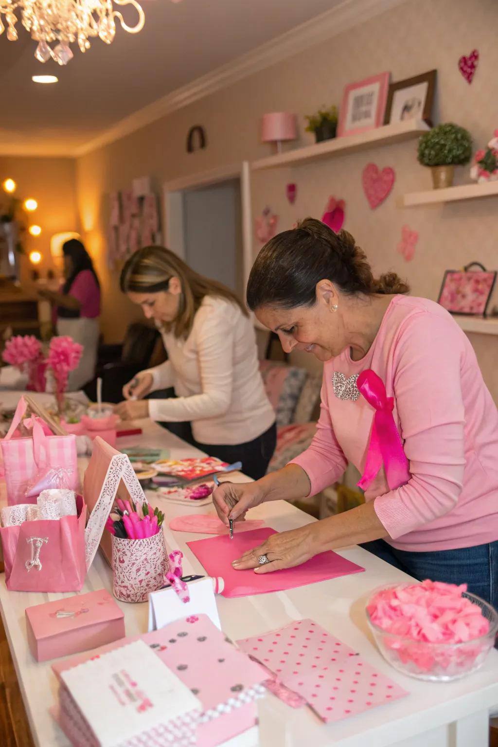 A DIY craft station allows guests to create rosy-themed keepsakes.