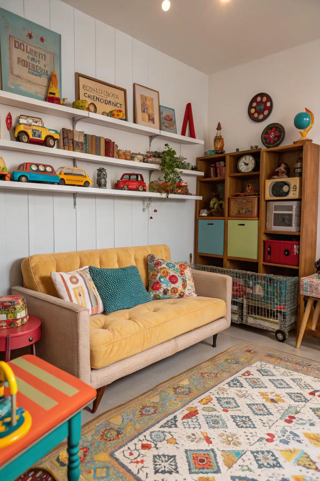 A charming playroom featuring a vintage style sofa.