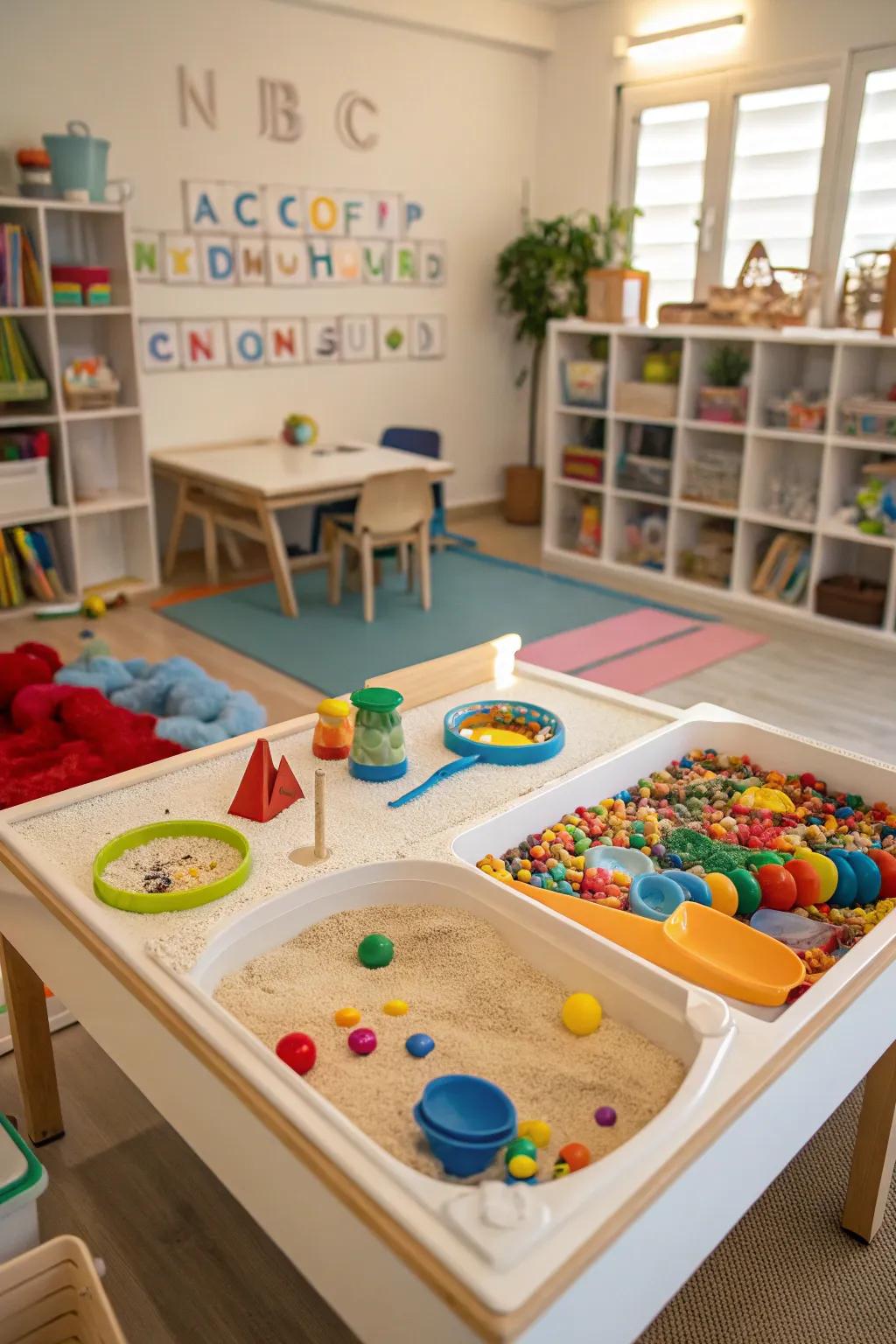 A tactile exploration and play-inviting sensory table in a playroom.