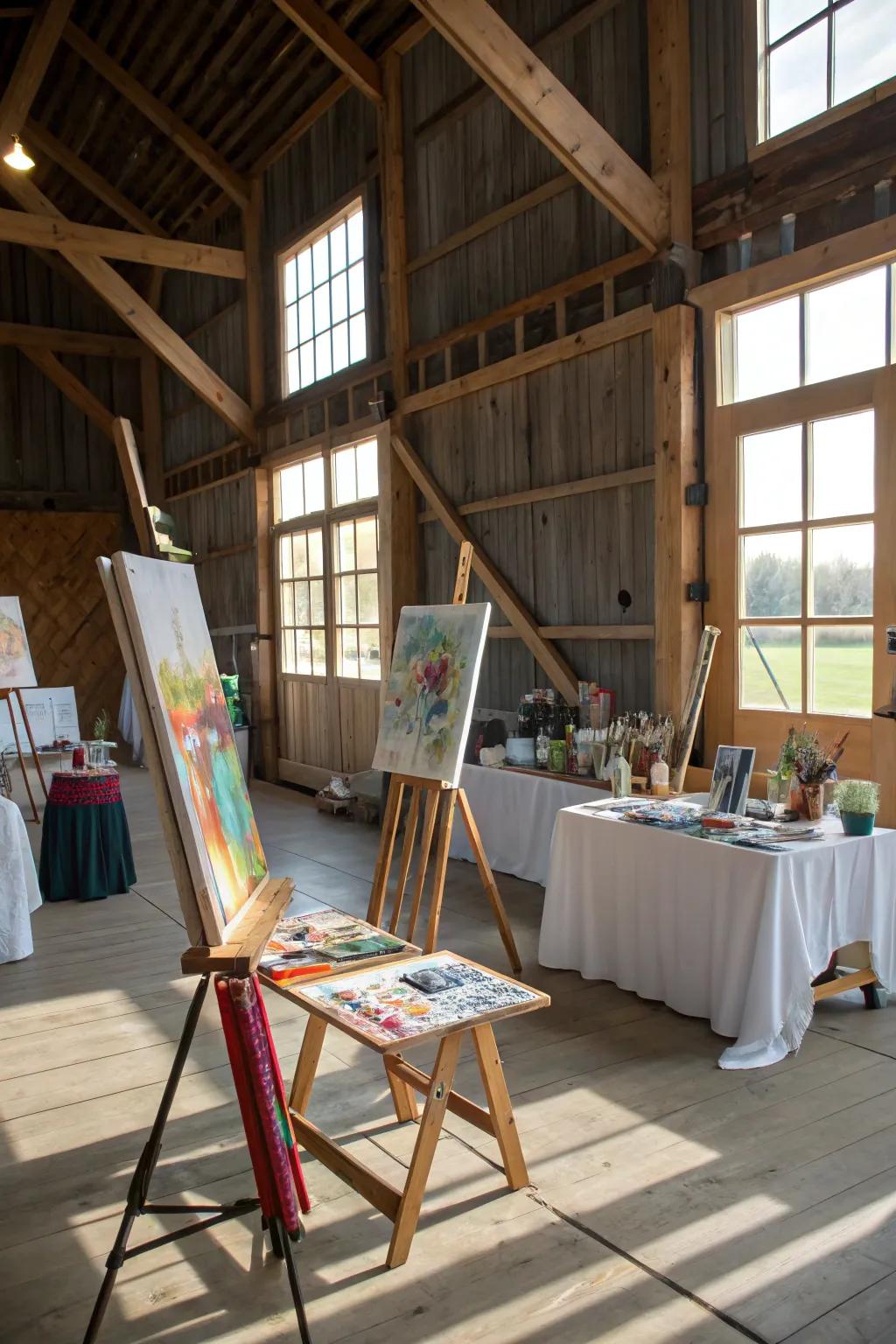 A studio space in a pole barn with easels and art supplies.