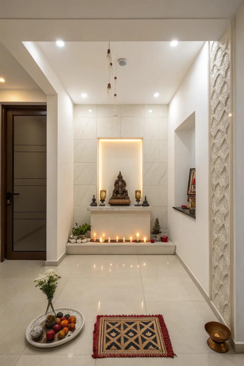 A minimalist approach creates a calm and clutter-free pooja room.