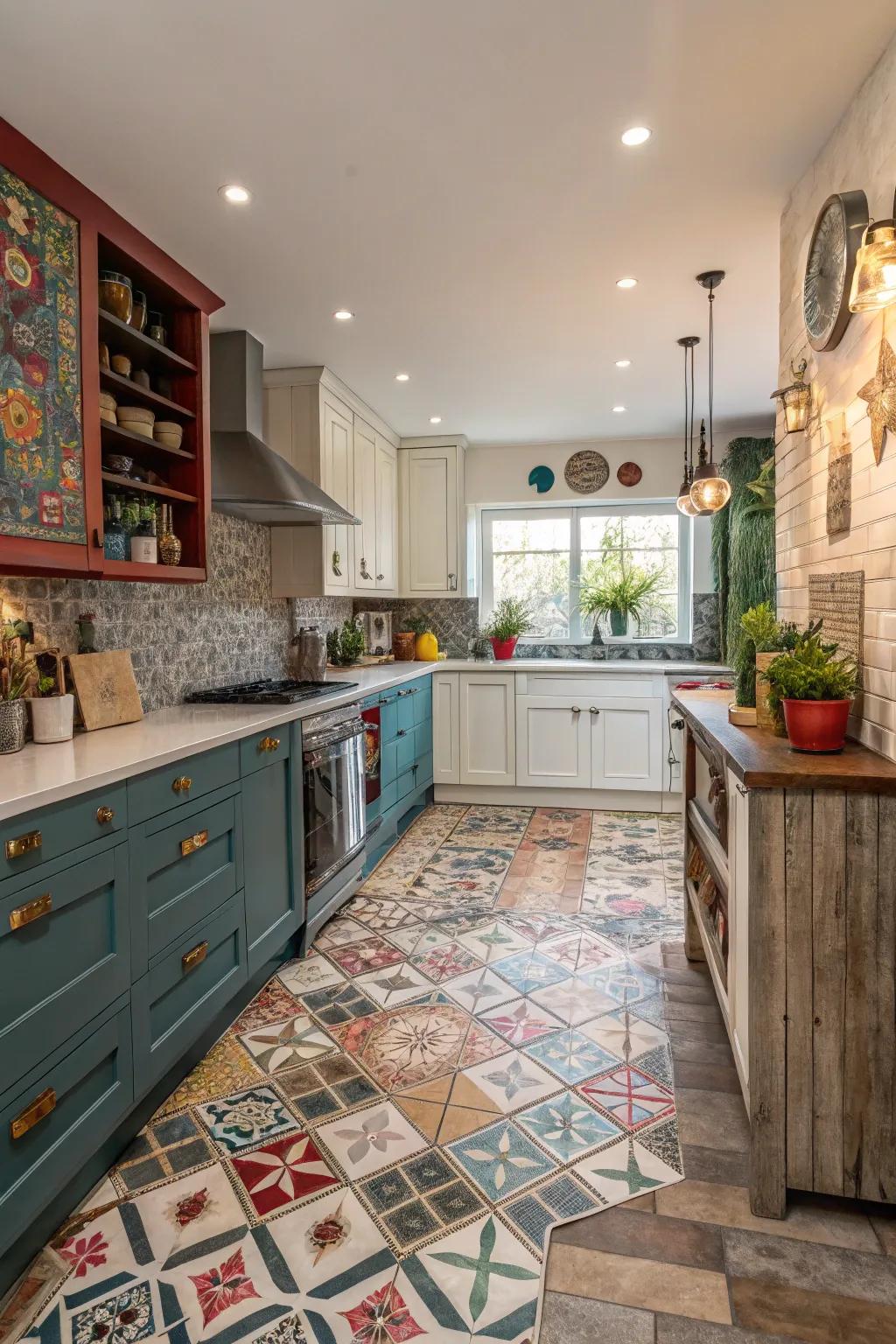 Mixing textures generates a vibrant and customized kitchen floor.