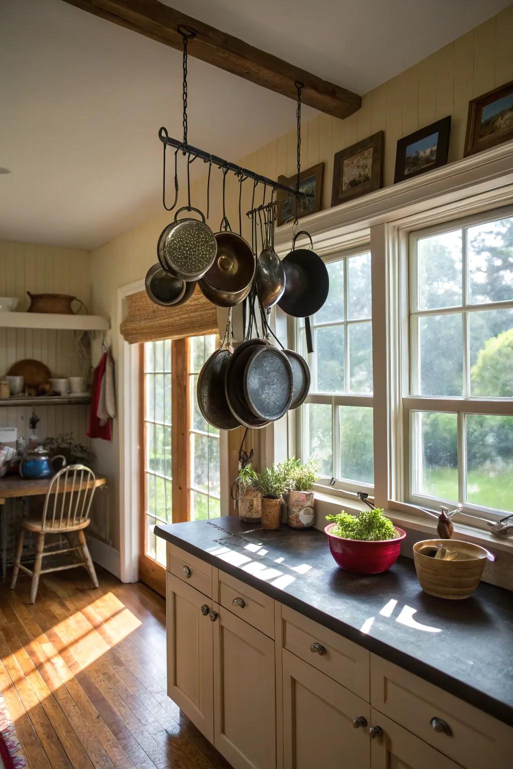Hanging rails in front of windows offer creative storage solutions.