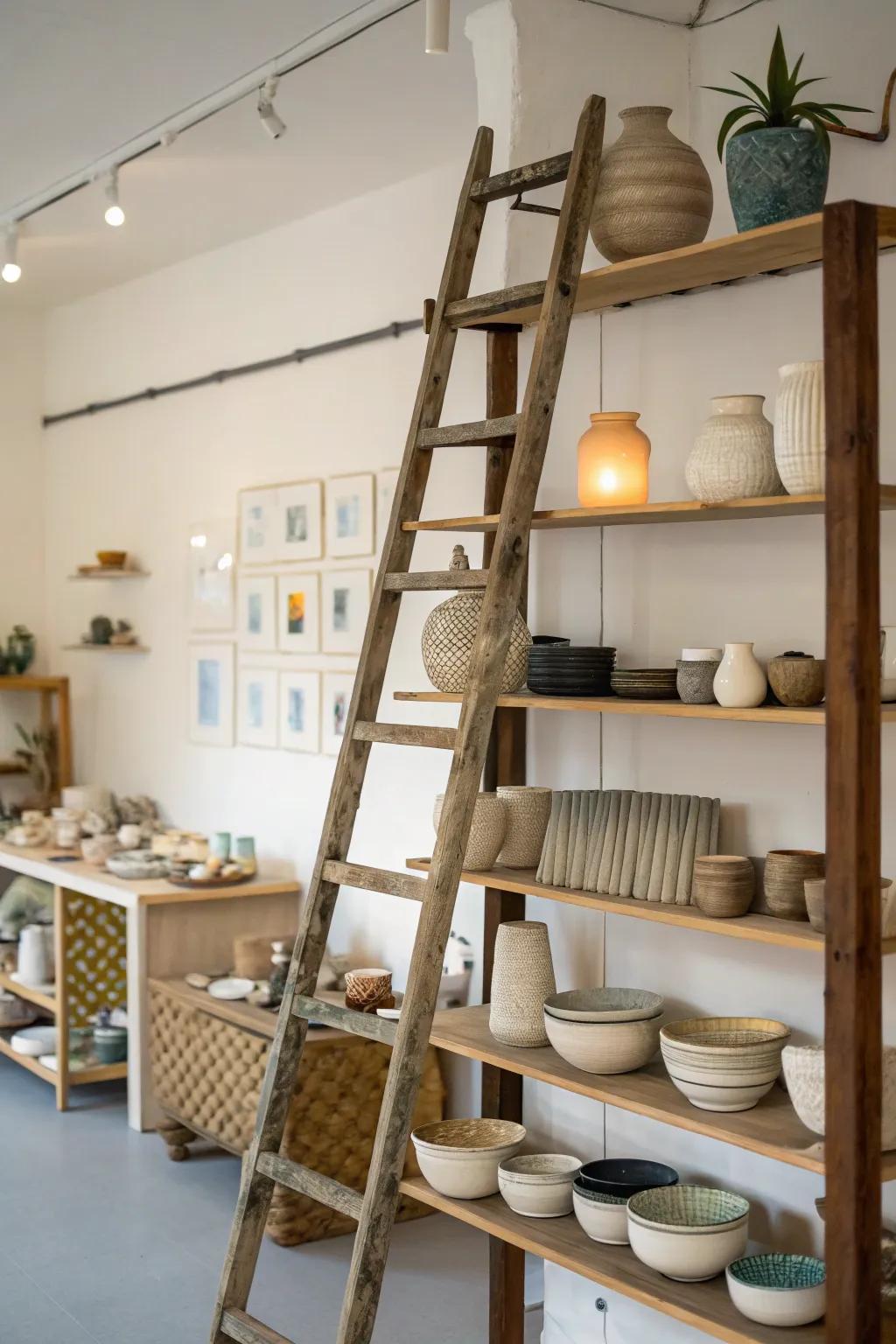 Pottery displayed on ladder shelves in a studio.