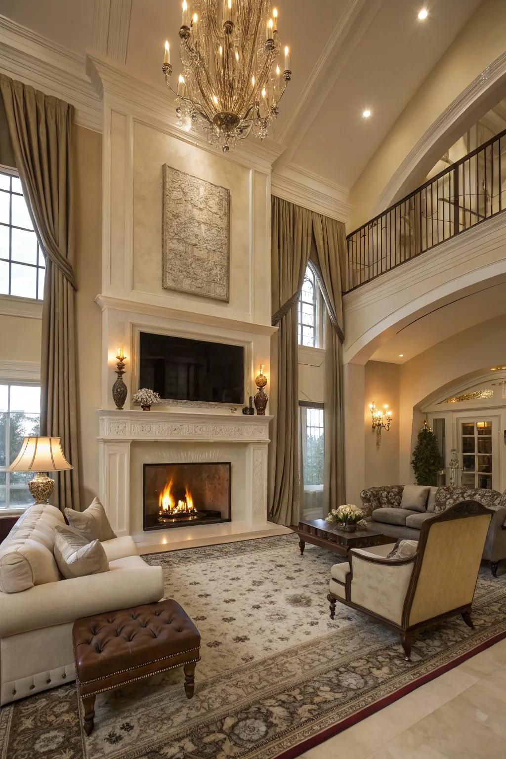 A grand living area featuring a double-height propane fireplace.